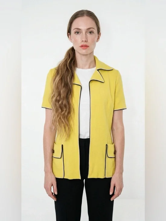 LUCIA YELLOW KNIT BLAZER JACKET WITH POCKETS VINTAGE BUTTONLESS TOP WOMAN MEDIUM - Picture 9 of 9